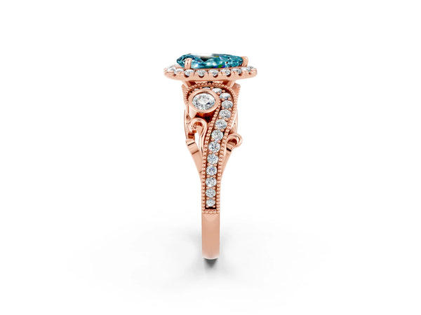 Rose gold Pear Cut Blue Topaz Halo Ring with Milgrain Pavé Band and Four-Prong Setting