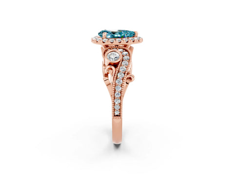 Rose gold Pear Cut Blue Topaz Halo Ring with Milgrain Pavé Band and Four-Prong Setting_14