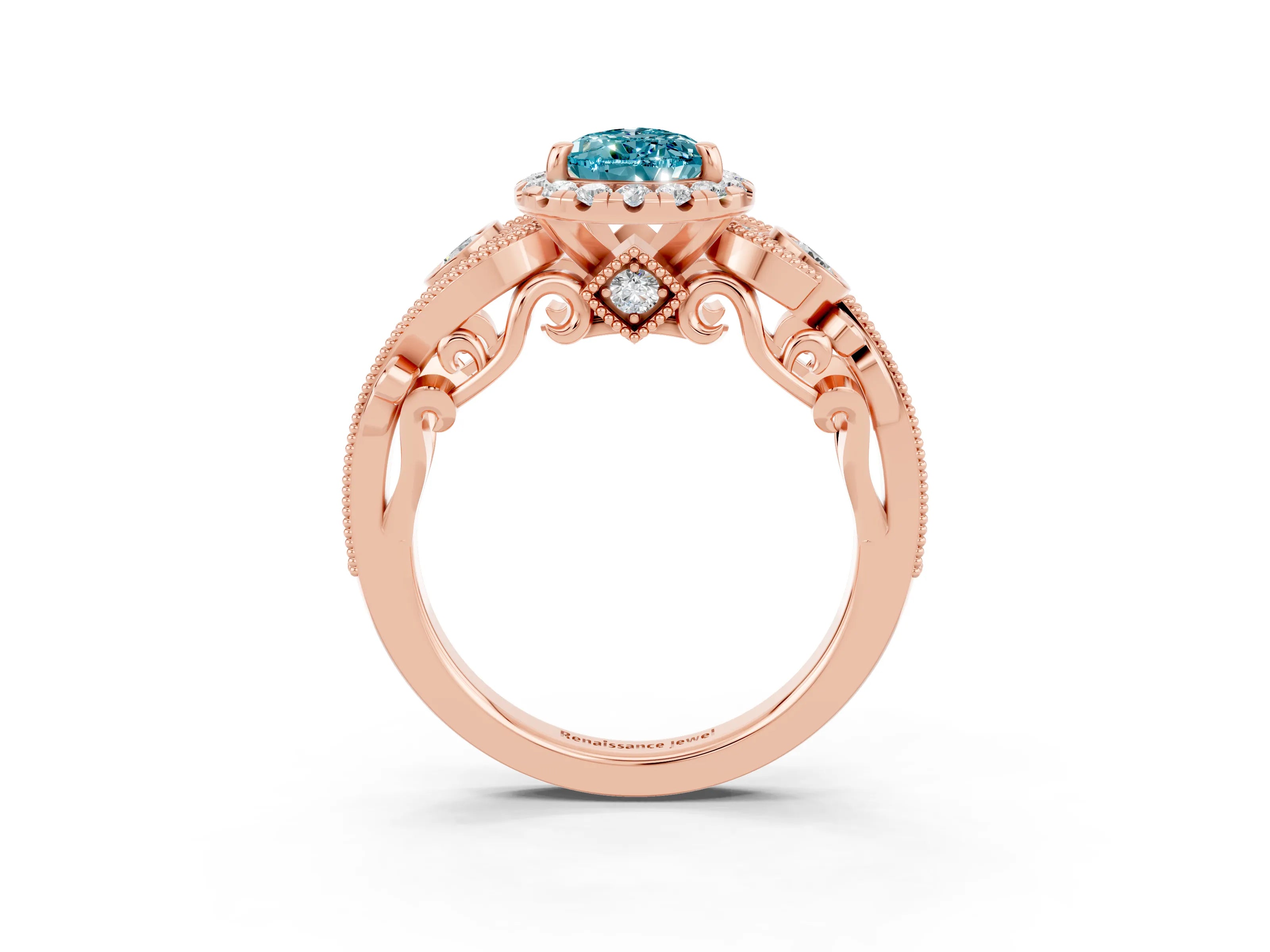 Rose gold Pear Cut Blue Topaz Halo Ring with Milgrain Pavé Band and Four-Prong Setting_15