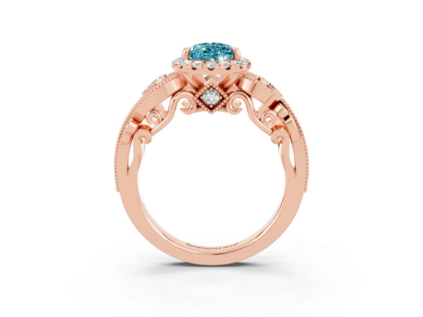 Rose gold Pear Cut Blue Topaz Halo Ring with Milgrain Pavé Band and Four-Prong Setting