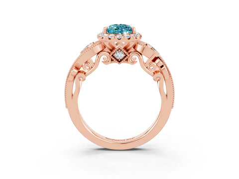 Rose gold Pear Cut Blue Topaz Halo Ring with Milgrain Pavé Band and Four-Prong Setting_15