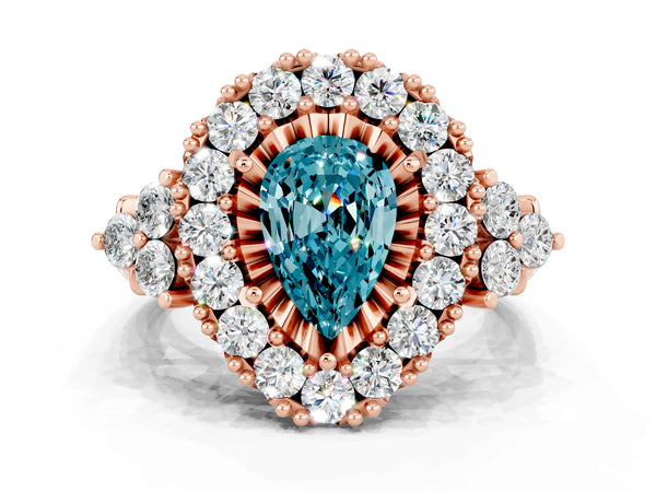 Rose gold Pear Cut Blue Topaz Halo Ring with Pavé Band and Four-Prong Setting