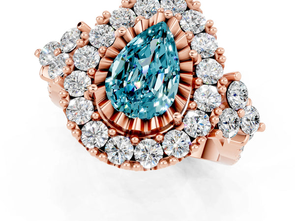 Rose gold Pear Cut Blue Topaz Halo Ring with Pavé Band and Four-Prong Setting