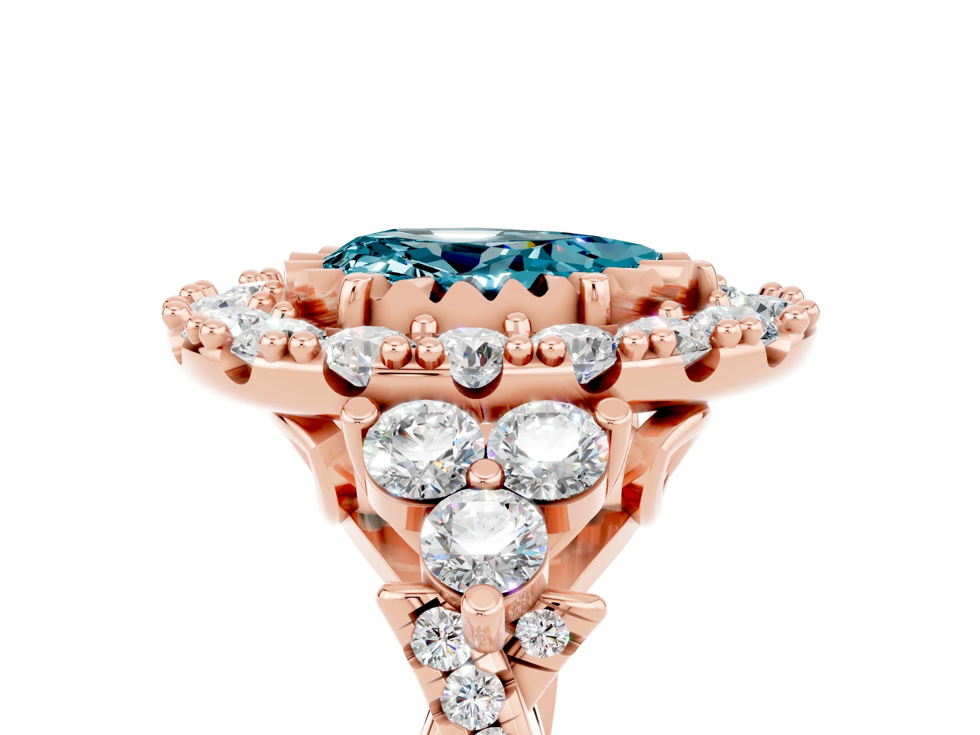Rose gold Pear Cut Blue Topaz Halo Ring with Pavé Band and Four-Prong Setting_17