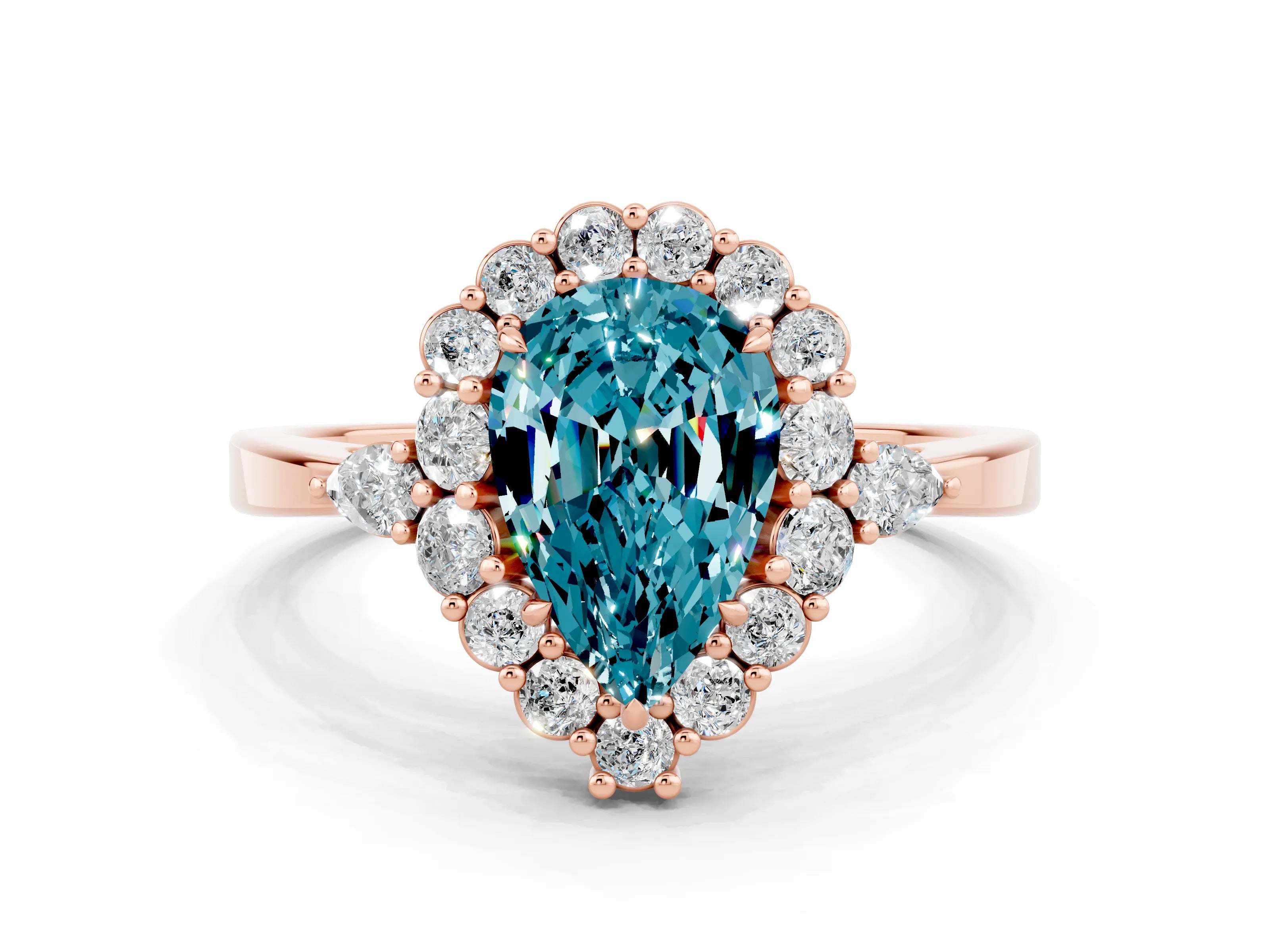 Rose gold Pear Cut Blue Topaz Halo Ring with Pear Side Stones and Prong Setting_12