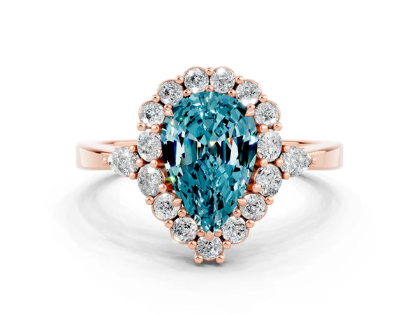 Rose gold Pear Cut Blue Topaz Halo Ring with Pear Side Stones and Prong Setting