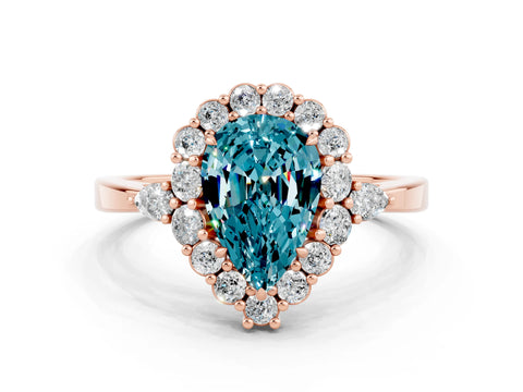 Rose gold Pear Cut Blue Topaz Halo Ring with Pear Side Stones and Prong Setting_12