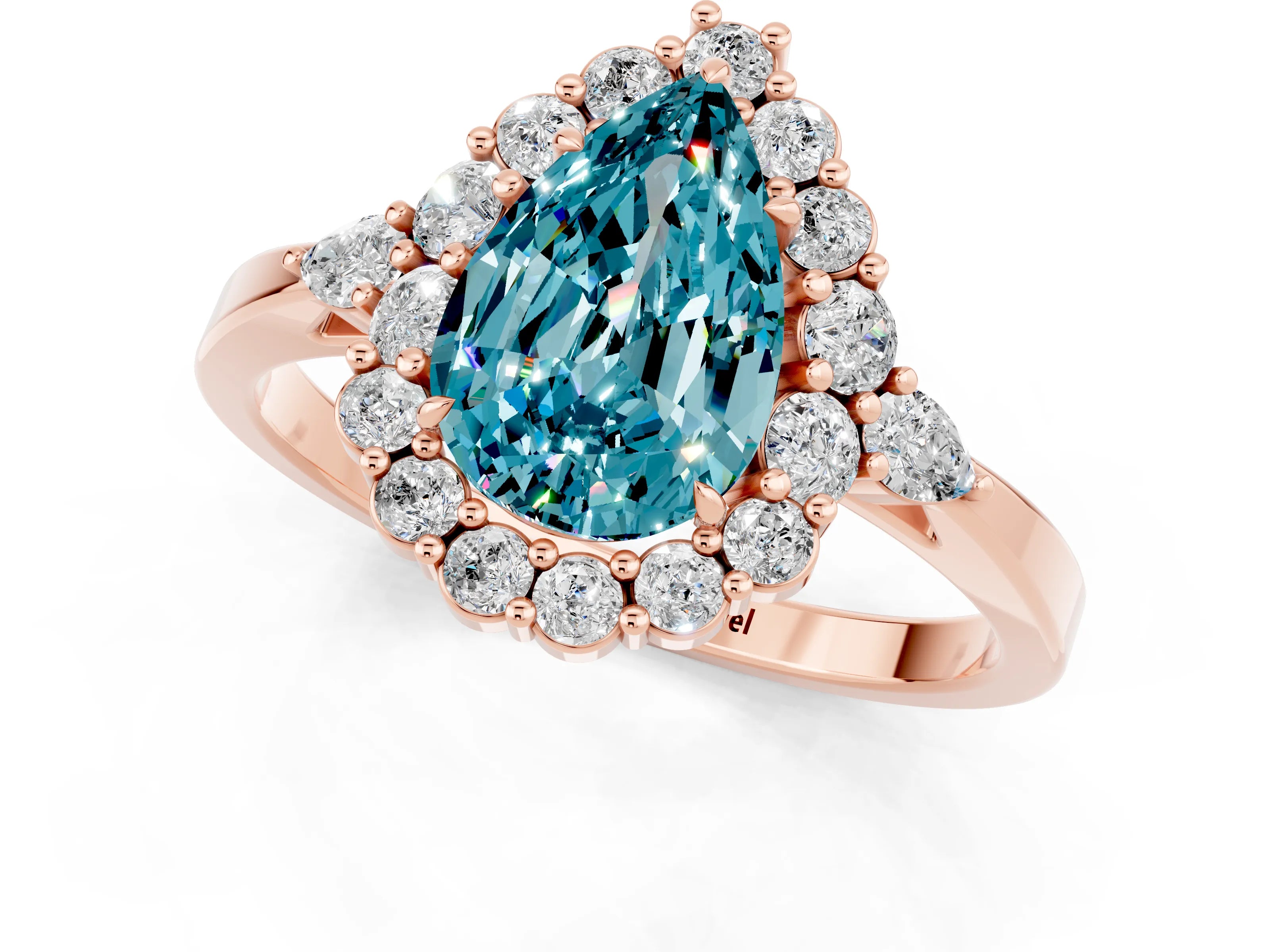 Rose gold Pear Cut Blue Topaz Halo Ring with Pear Side Stones and Prong Setting_13