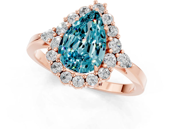 Rose gold Pear Cut Blue Topaz Halo Ring with Pear Side Stones and Prong Setting