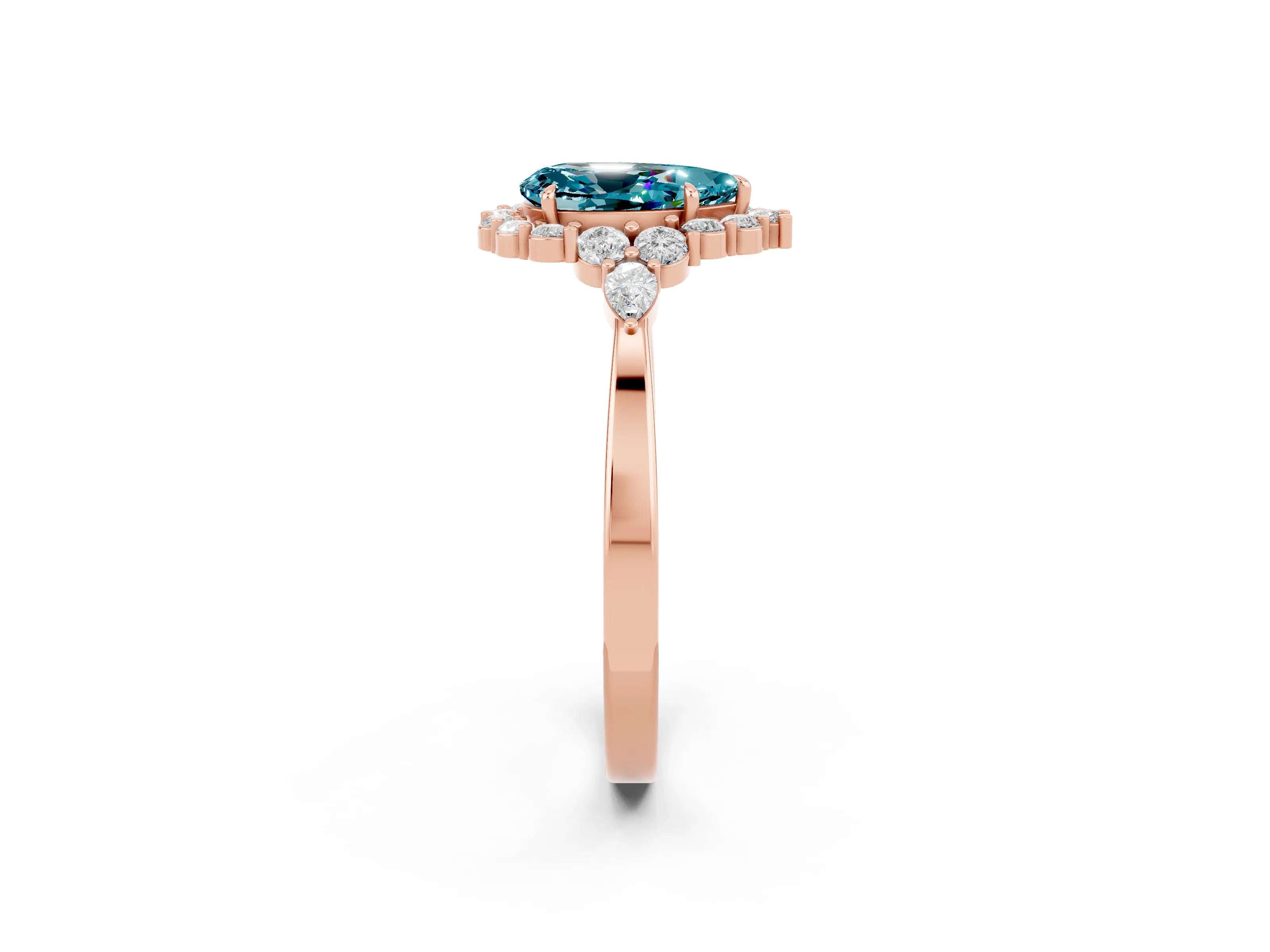 Rose gold Pear Cut Blue Topaz Halo Ring with Pear Side Stones and Prong Setting_14