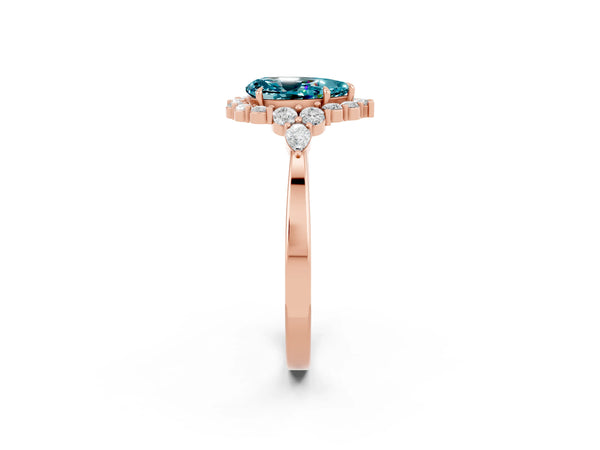 Rose gold Pear Cut Blue Topaz Halo Ring with Pear Side Stones and Prong Setting
