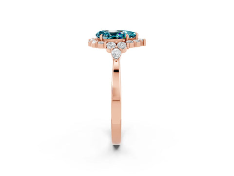 Rose gold Pear Cut Blue Topaz Halo Ring with Pear Side Stones and Prong Setting_14