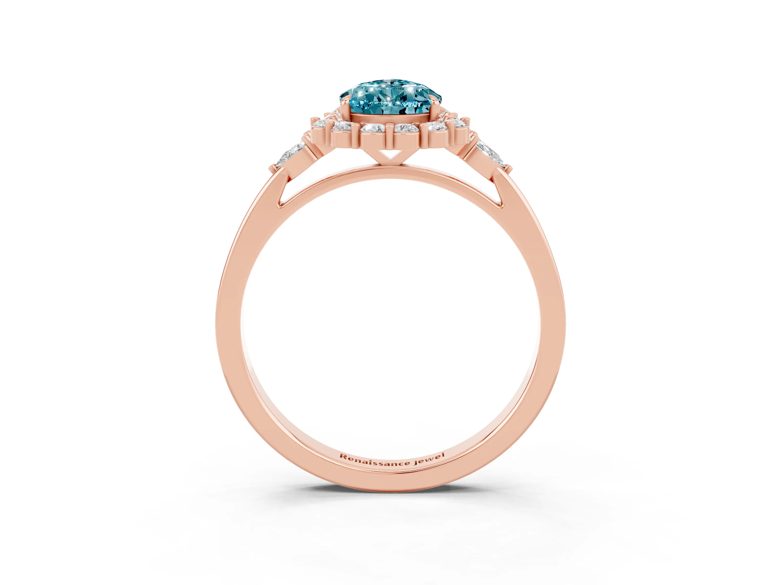 Rose gold Pear Cut Blue Topaz Halo Ring with Pear Side Stones and Prong Setting_15