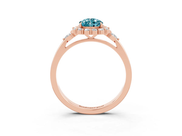 Rose gold Pear Cut Blue Topaz Halo Ring with Pear Side Stones and Prong Setting
