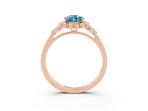 Rose gold Pear Cut Blue Topaz Halo Ring with Pear Side Stones and Prong Setting_15