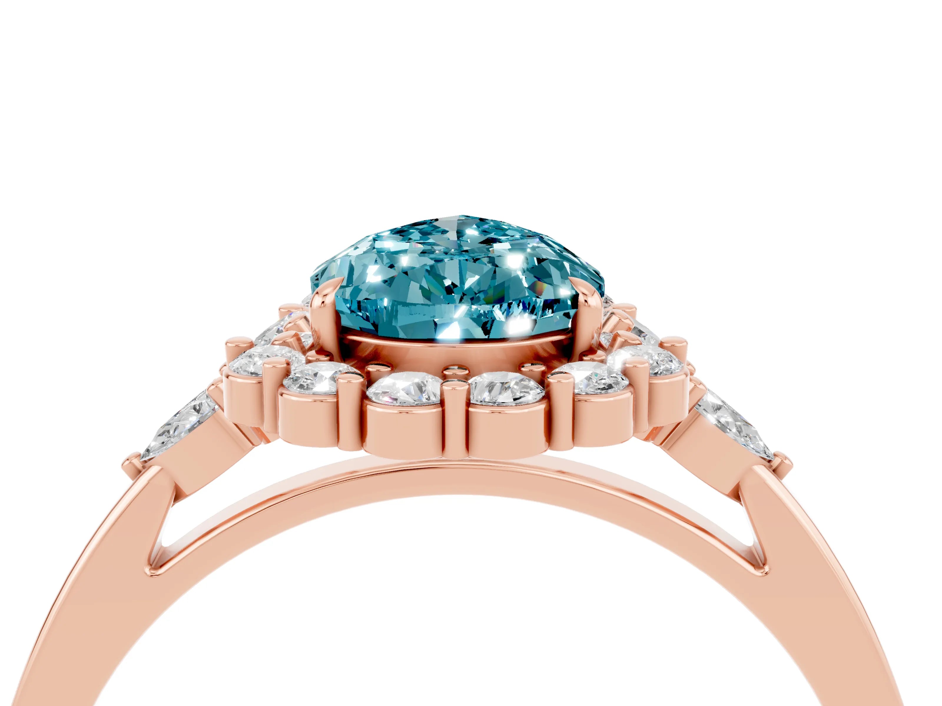 Rose gold Pear Cut Blue Topaz Halo Ring with Pear Side Stones and Prong Setting_16