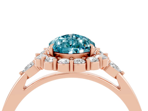 Rose gold Pear Cut Blue Topaz Halo Ring with Pear Side Stones and Prong Setting_16
