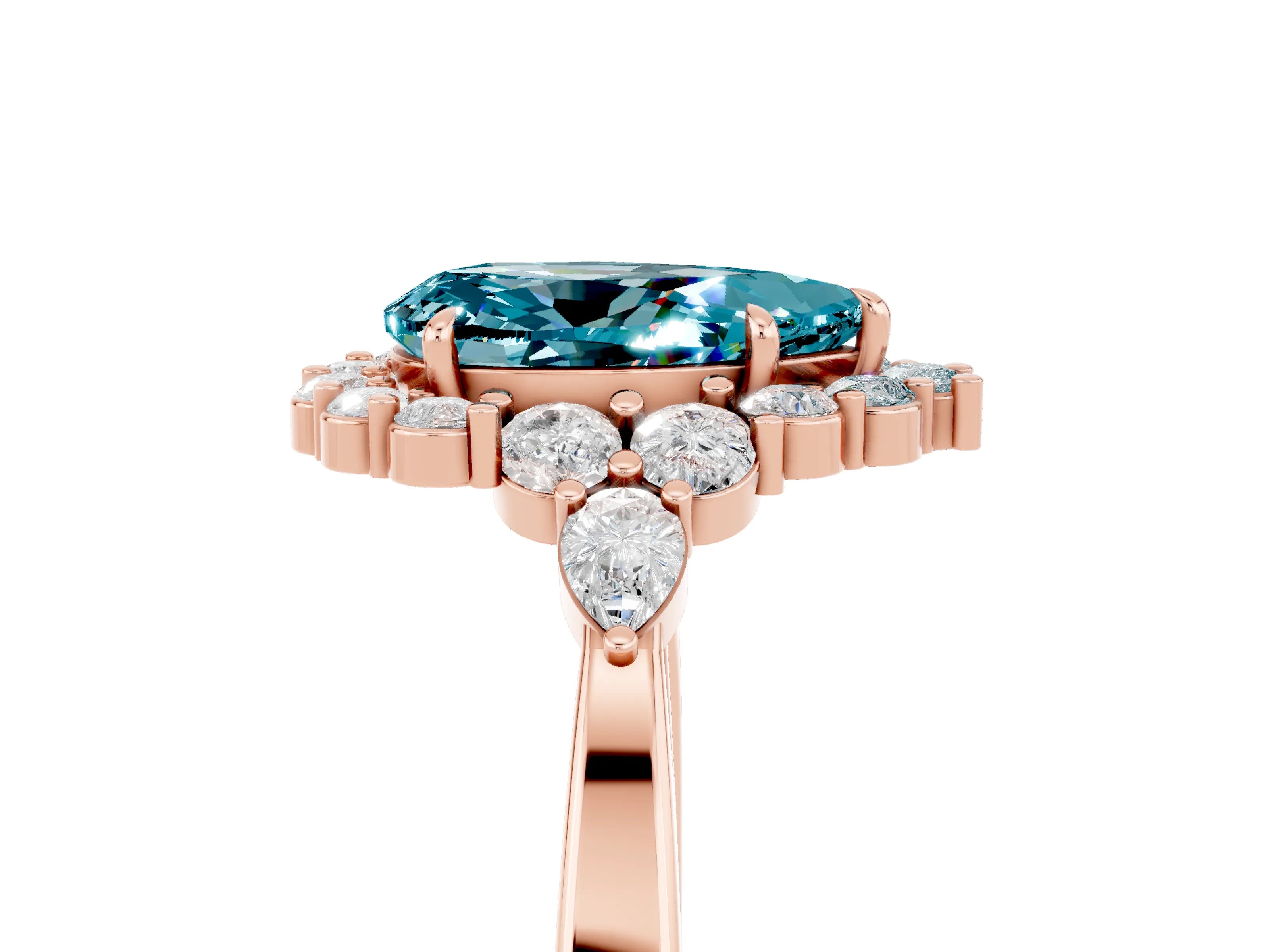 Rose gold Pear Cut Blue Topaz Halo Ring with Pear Side Stones and Prong Setting_17