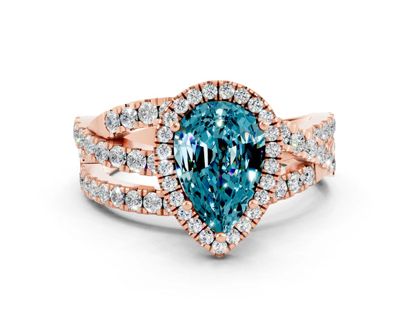 Rose gold Pear Cut Blue Topaz Halo Ring with Round Split Shank and Prong Setting
