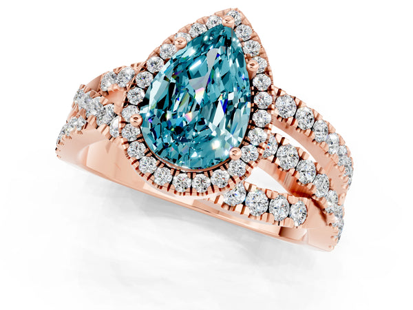 Rose gold Pear Cut Blue Topaz Halo Ring with Round Split Shank and Prong Setting