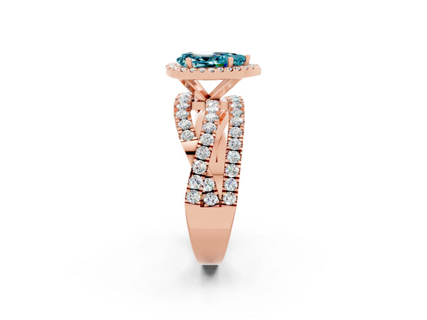 Rose gold Pear Cut Blue Topaz Halo Ring with Round Split Shank and Prong Setting