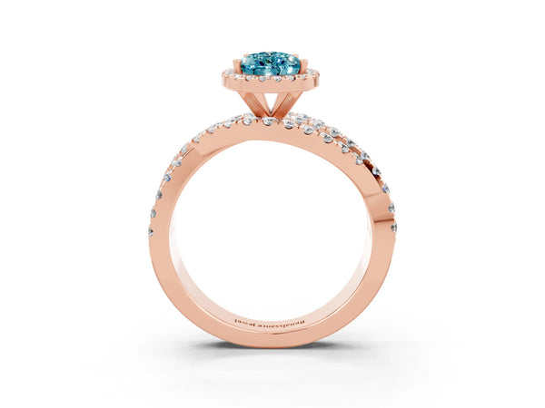 Rose gold Pear Cut Blue Topaz Halo Ring with Round Split Shank and Prong Setting