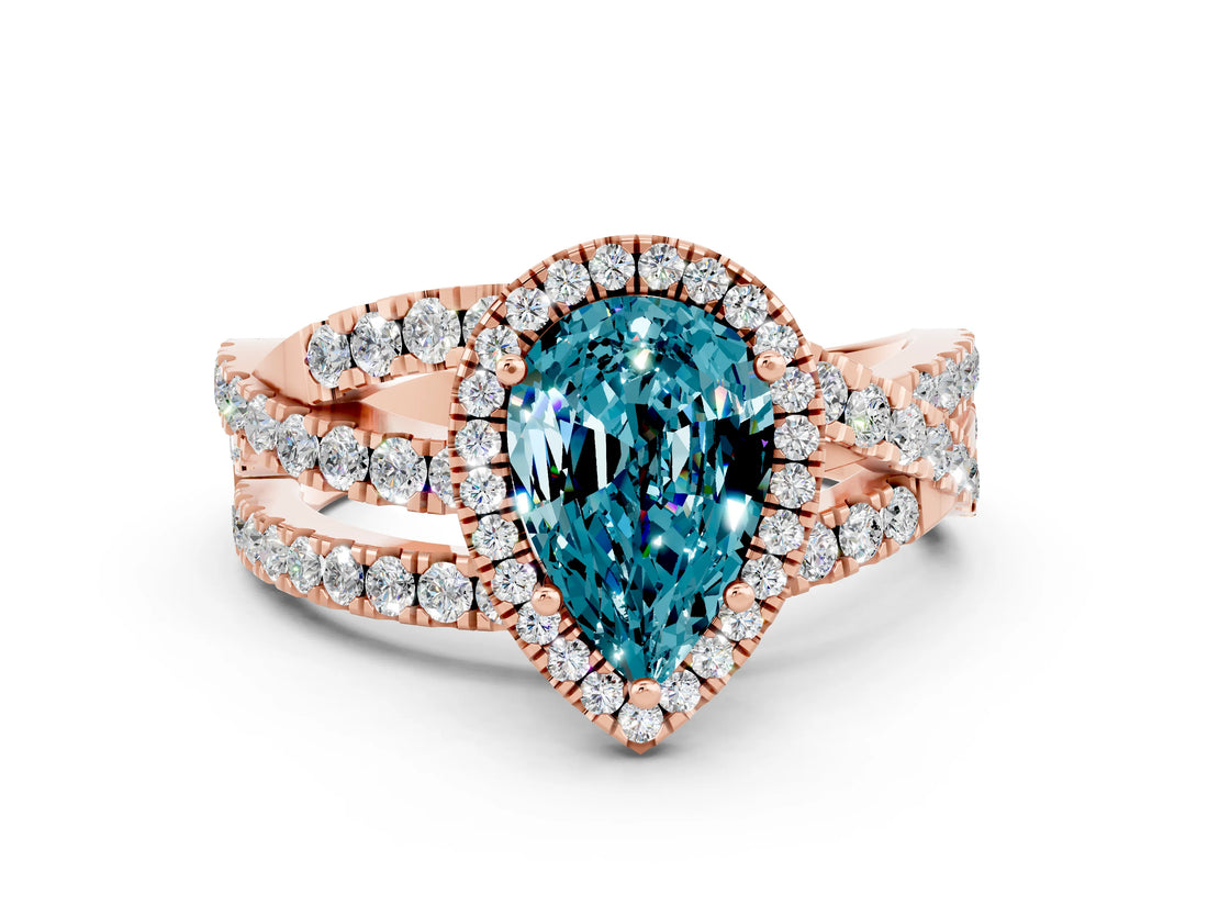 Rose gold Pear Cut Blue Topaz Halo Ring with Round Split Shank and Prong Setting_48