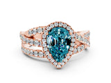 Rose gold Pear Cut Blue Topaz Halo Ring with Round Split Shank and Prong Setting_48