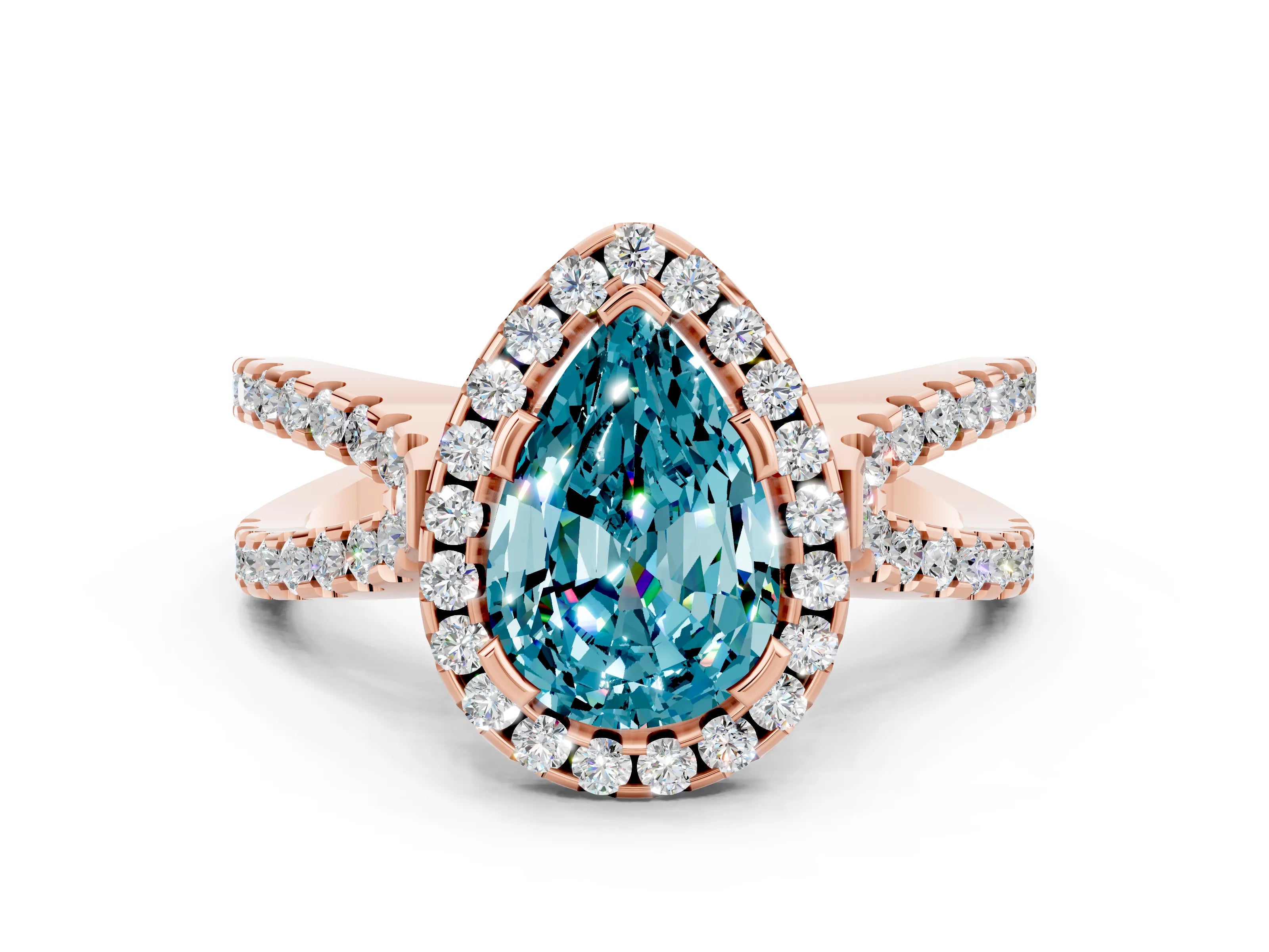 Rose gold Pear Cut Blue Topaz Halo Ring with Split Shank Pavé Band and Prong Setting