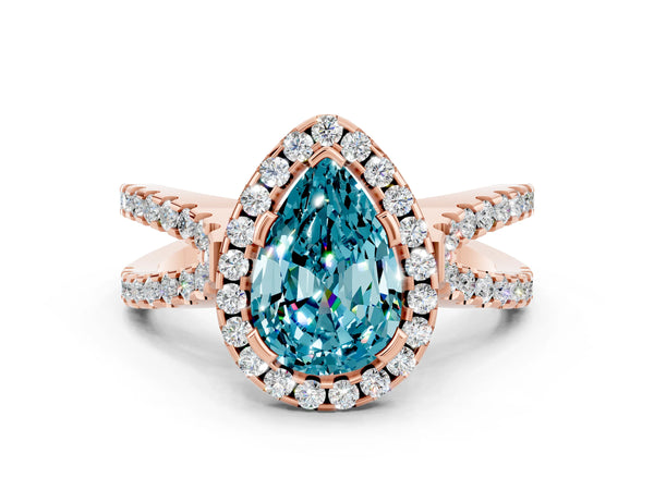 Rose gold Pear Cut Blue Topaz Halo Ring with Split Shank Pavé Band and Prong Setting