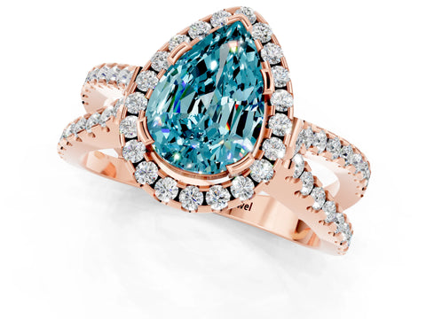 Rose gold Pear Cut Blue Topaz Halo Ring with Split Shank Pavé Band and Prong Setting_1