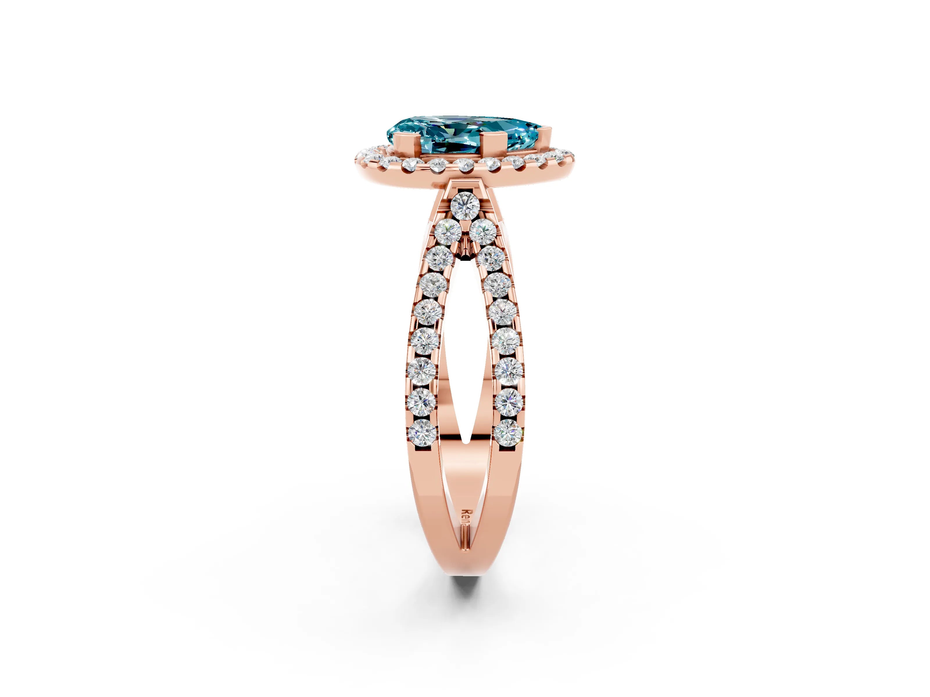 Rose gold Pear Cut Blue Topaz Halo Ring with Split Shank Pavé Band and Prong Setting_2