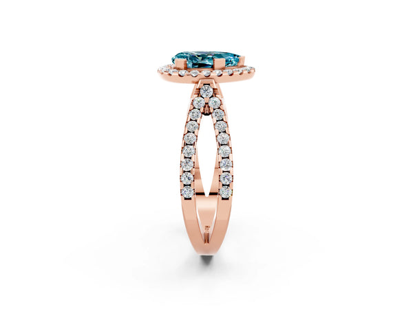 Rose gold Pear Cut Blue Topaz Halo Ring with Split Shank Pavé Band and Prong Setting
