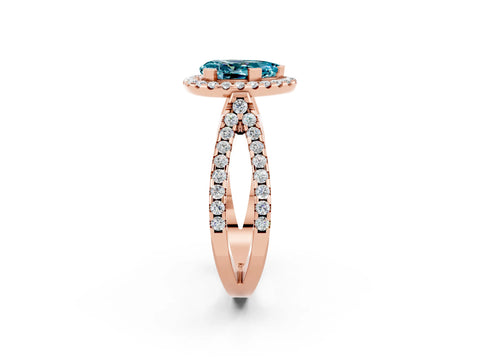Rose gold Pear Cut Blue Topaz Halo Ring with Split Shank Pavé Band and Prong Setting_2