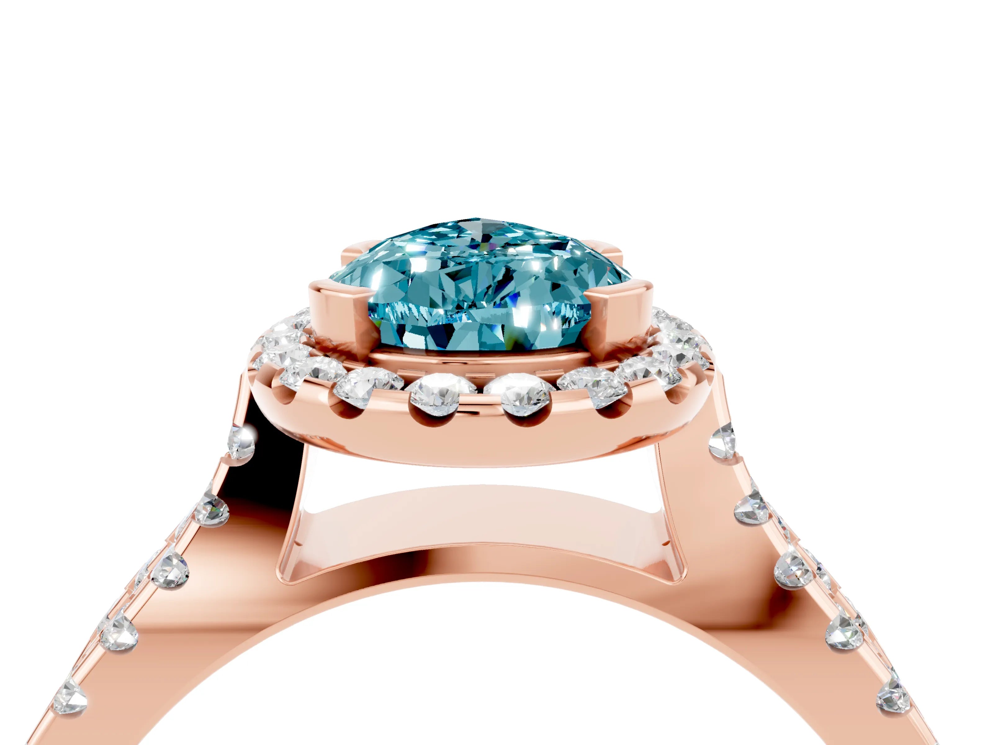 Rose gold Pear Cut Blue Topaz Halo Ring with Split Shank Pavé Band and Prong Setting_4