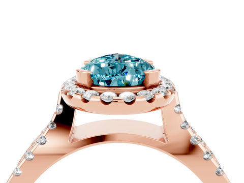 Rose gold Pear Cut Blue Topaz Halo Ring with Split Shank Pavé Band and Prong Setting_4