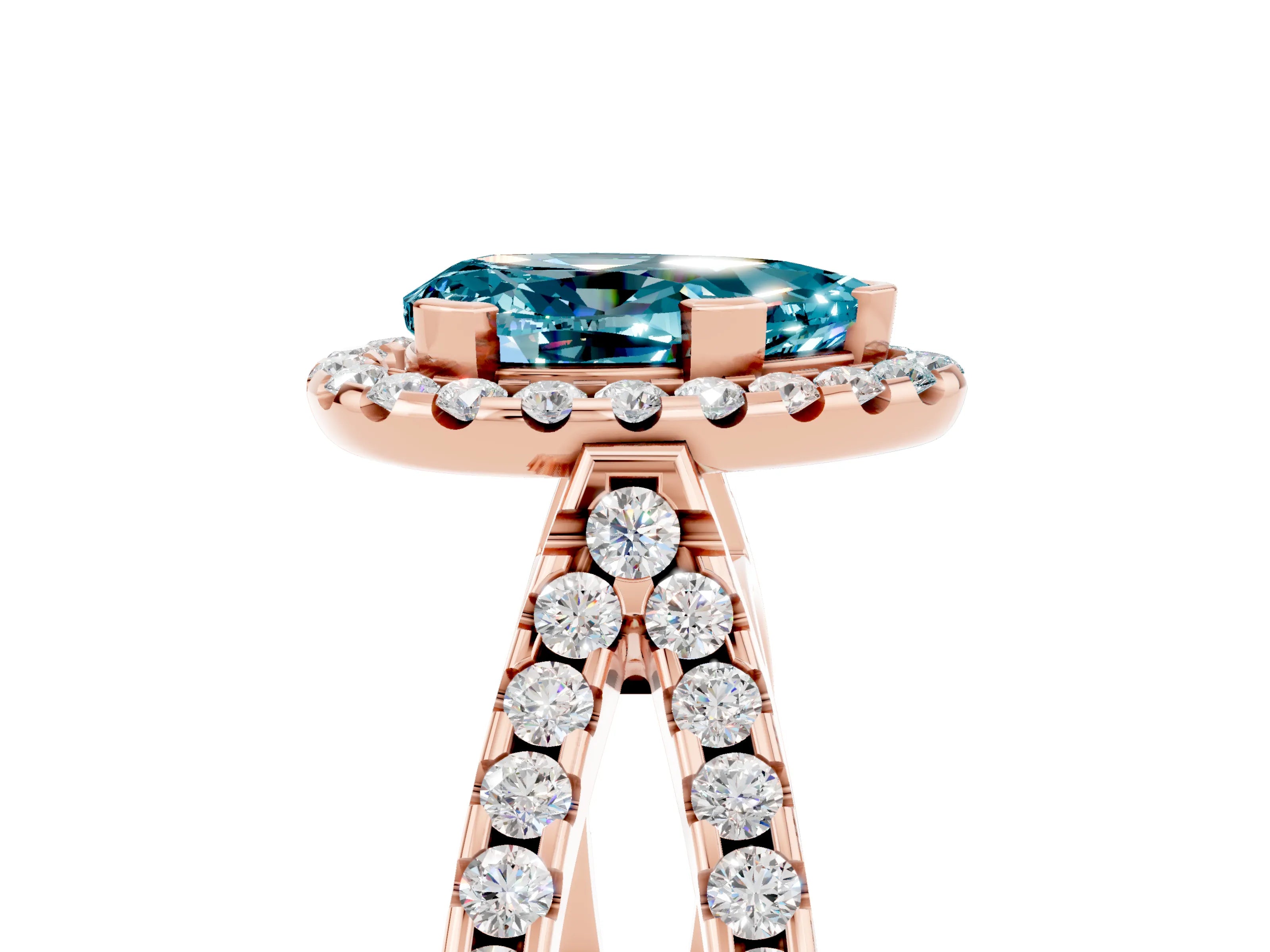 Rose gold Pear Cut Blue Topaz Halo Ring with Split Shank Pavé Band and Prong Setting_5