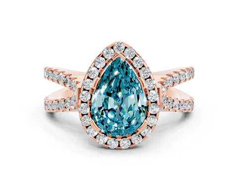 Rose gold Pear Cut Blue Topaz Halo Ring with Split Shank Pavé Band and Prong Setting