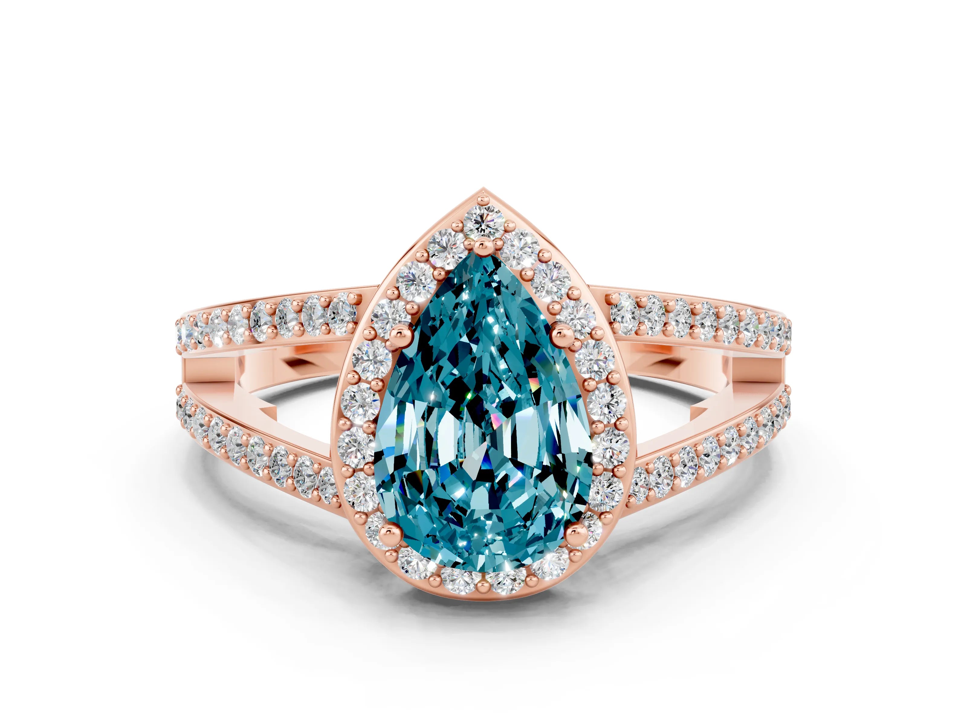 Rose gold Pear Cut Blue Topaz Halo Ring with Split Shank U-Prong Band and Four-Prong Setting