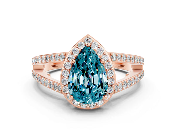 Rose gold Pear Cut Blue Topaz Halo Ring with Split Shank U-Prong Band and Four-Prong Setting