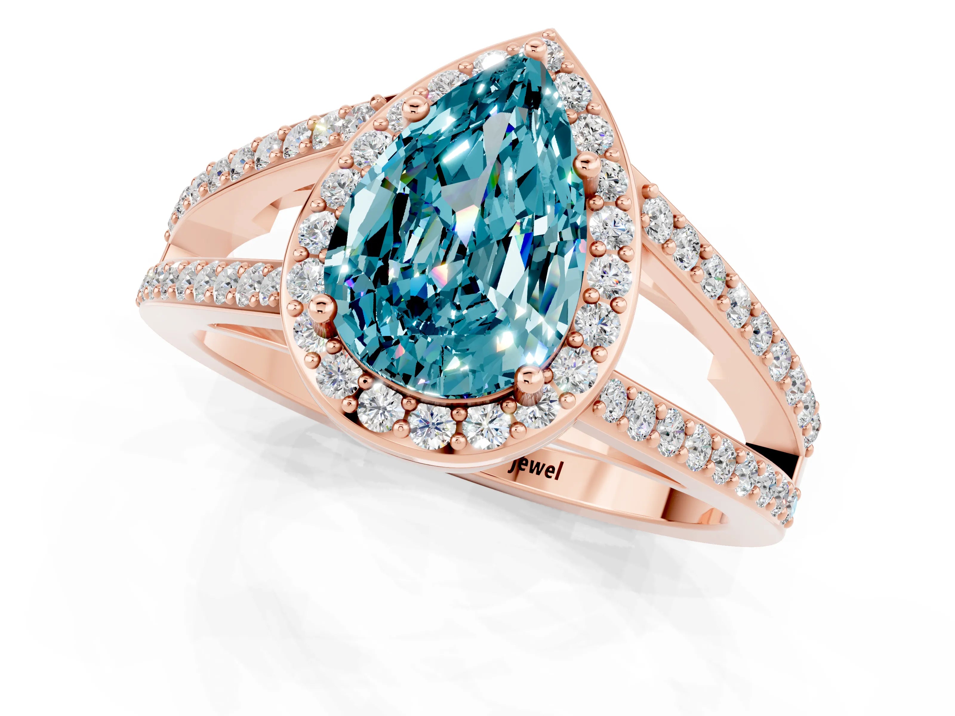 Rose gold Pear Cut Blue Topaz Halo Ring with Split Shank U-Prong Band and Four-Prong Setting_1