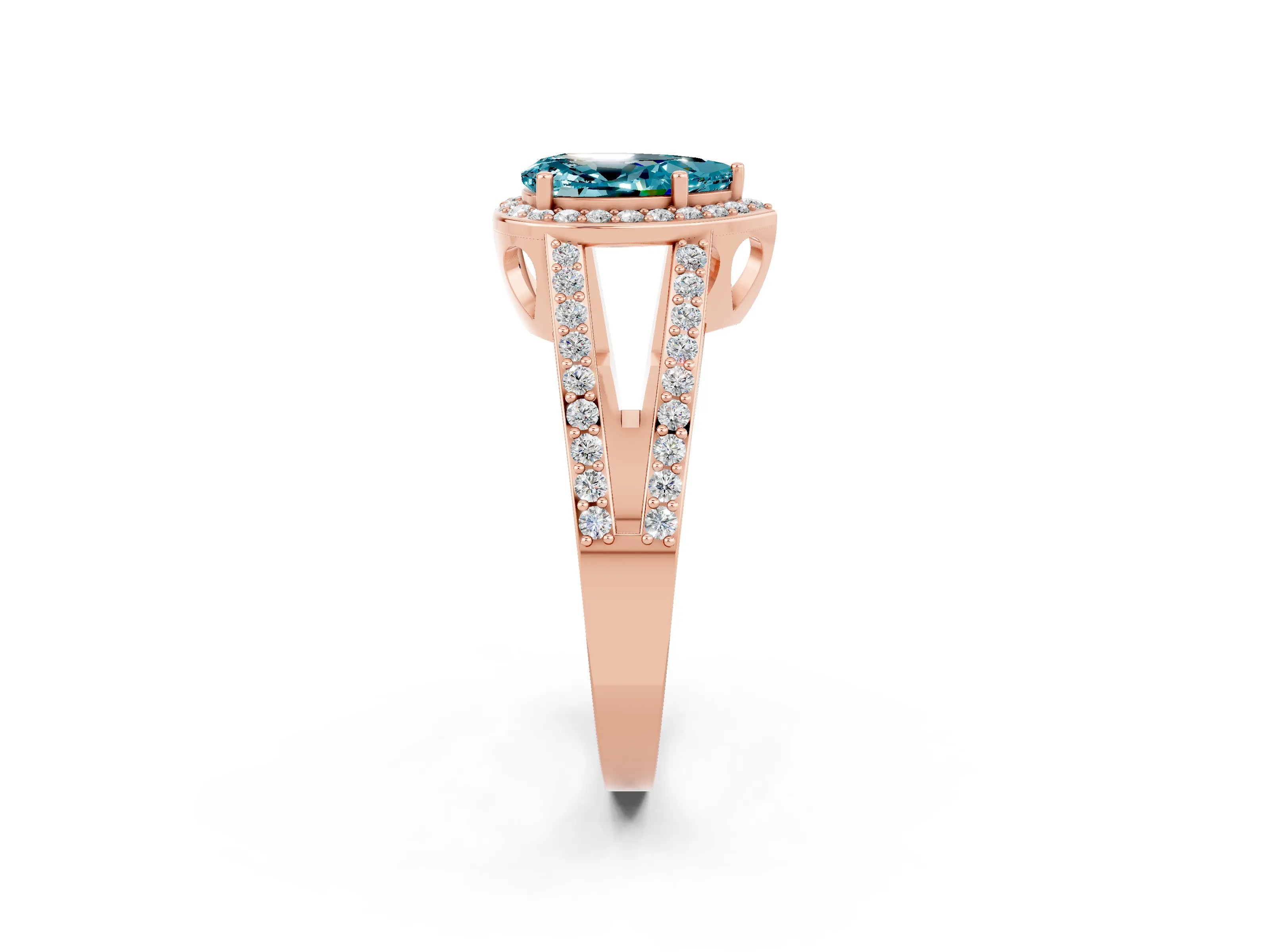 Rose gold Pear Cut Blue Topaz Halo Ring with Split Shank U-Prong Band and Four-Prong Setting_2