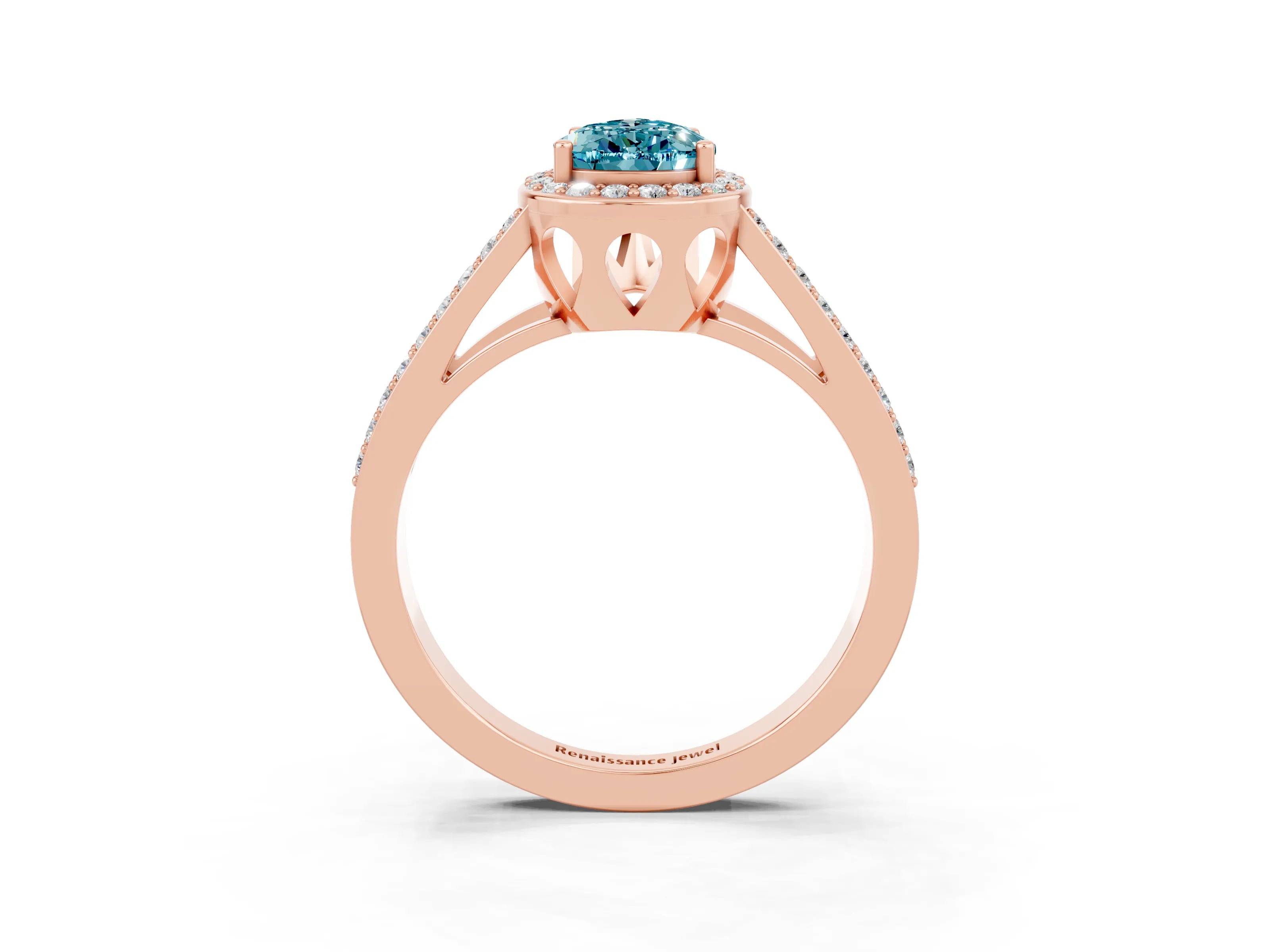 Rose gold Pear Cut Blue Topaz Halo Ring with Split Shank U-Prong Band and Four-Prong Setting_3