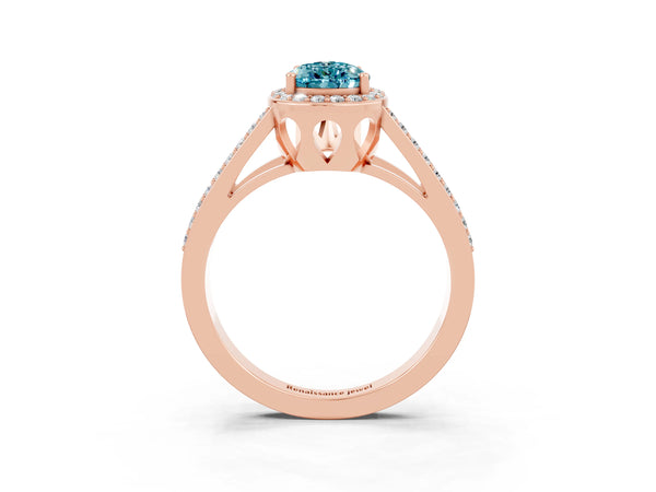Rose gold Pear Cut Blue Topaz Halo Ring with Split Shank U-Prong Band and Four-Prong Setting