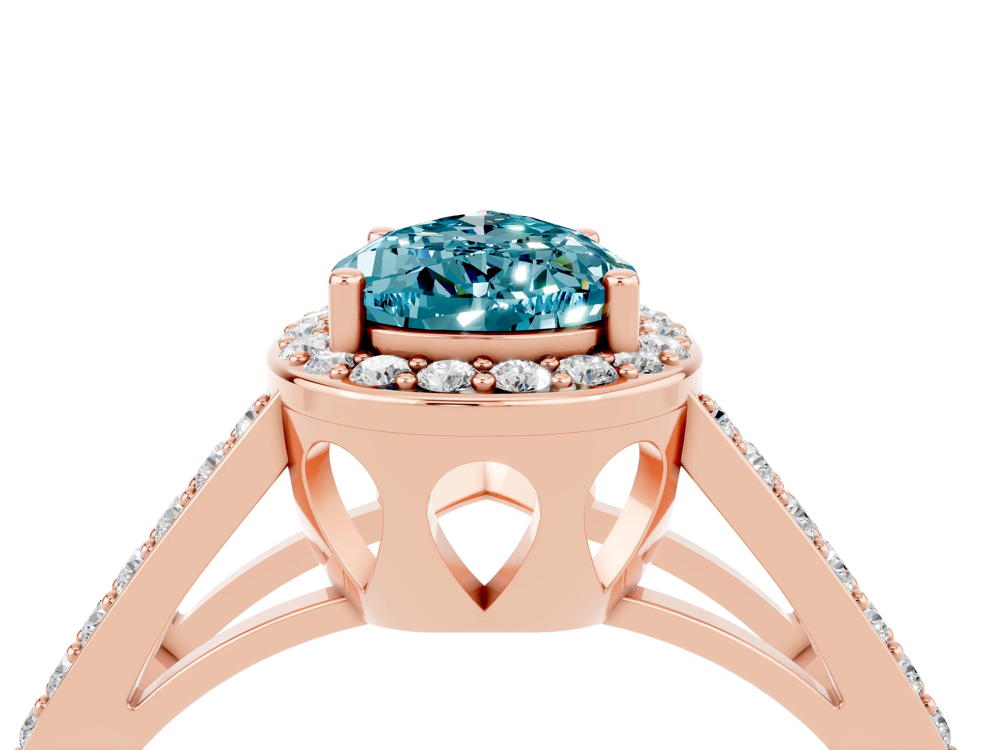 Rose gold Pear Cut Blue Topaz Halo Ring with Split Shank U-Prong Band and Four-Prong Setting_4