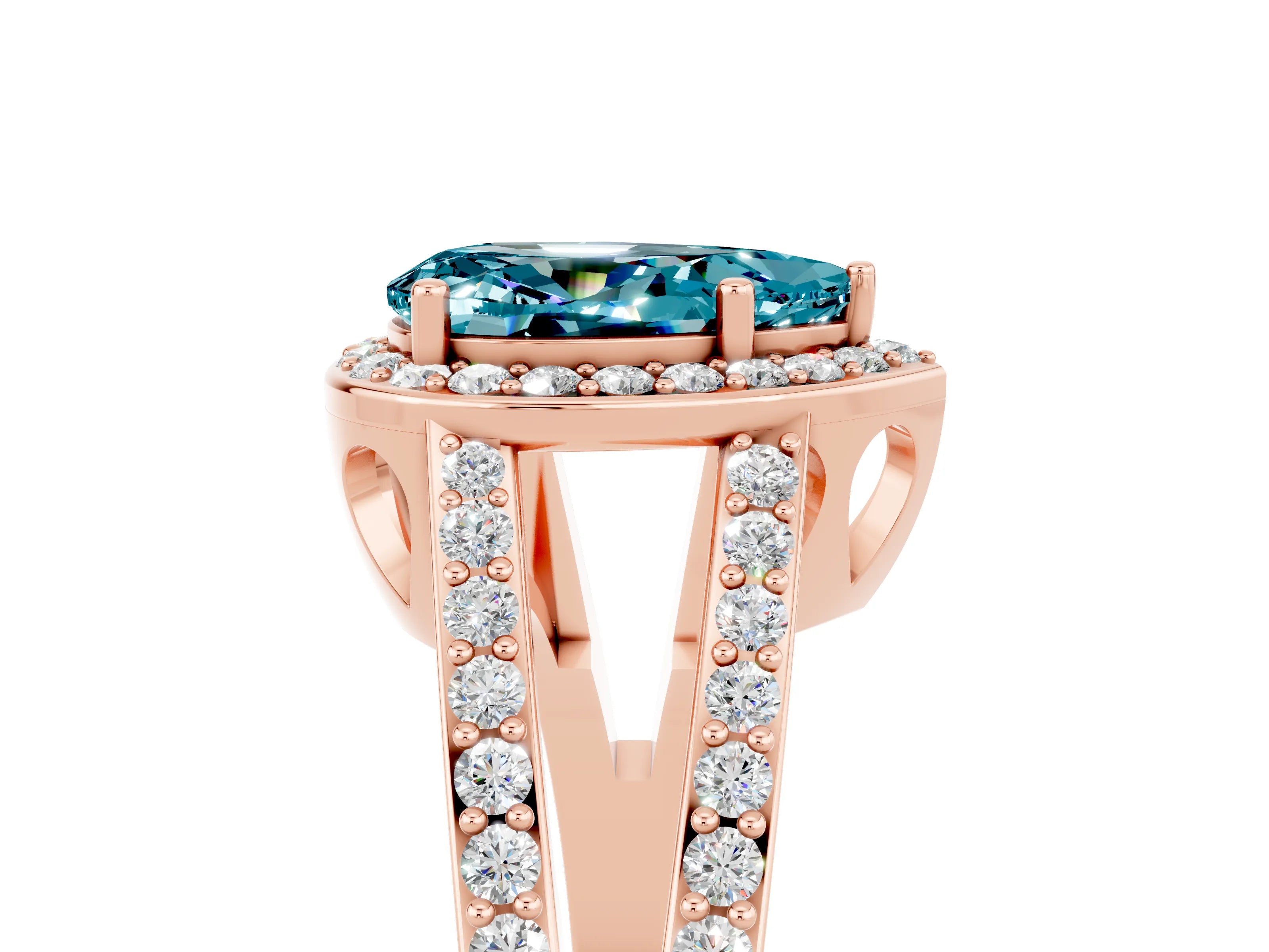 Rose gold Pear Cut Blue Topaz Halo Ring with Split Shank U-Prong Band and Four-Prong Setting_5