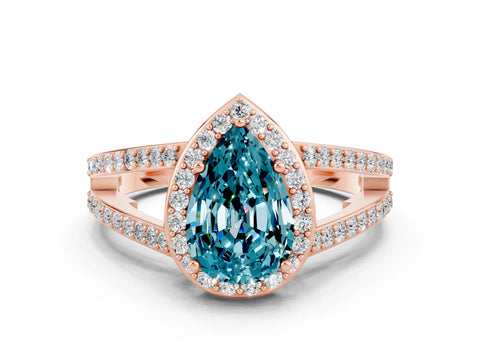 Rose gold Pear Cut Blue Topaz Halo Ring with Split Shank U-Prong Band and Four-Prong Setting