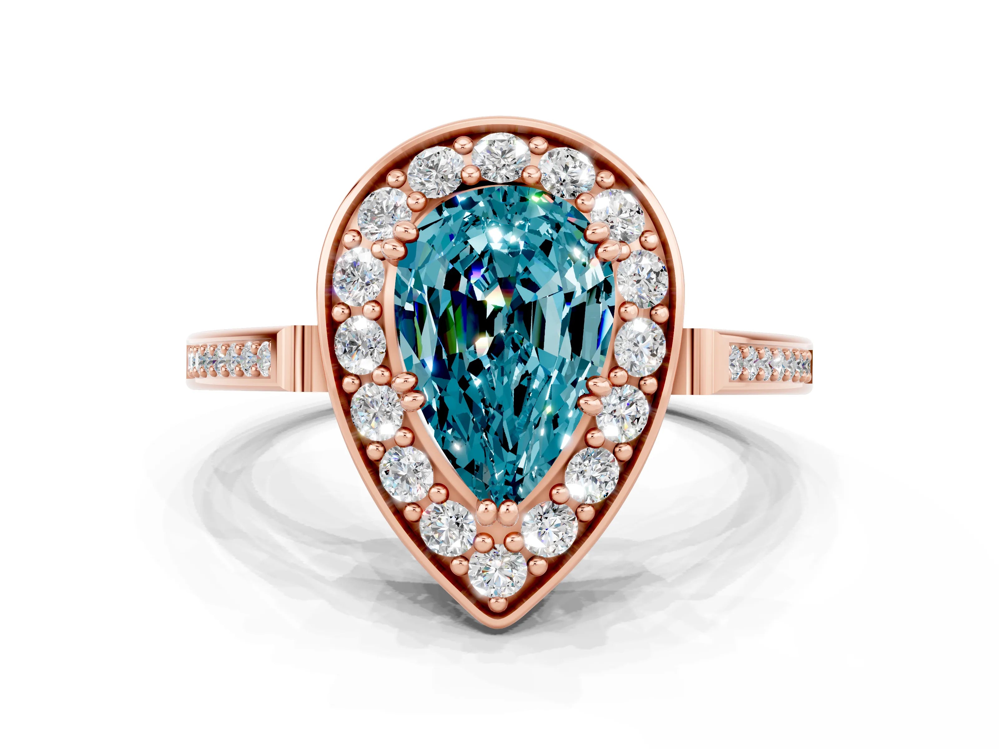 Rose gold Pear Cut Blue Topaz Halo Ring with Split Shank and Four-Prong Setting