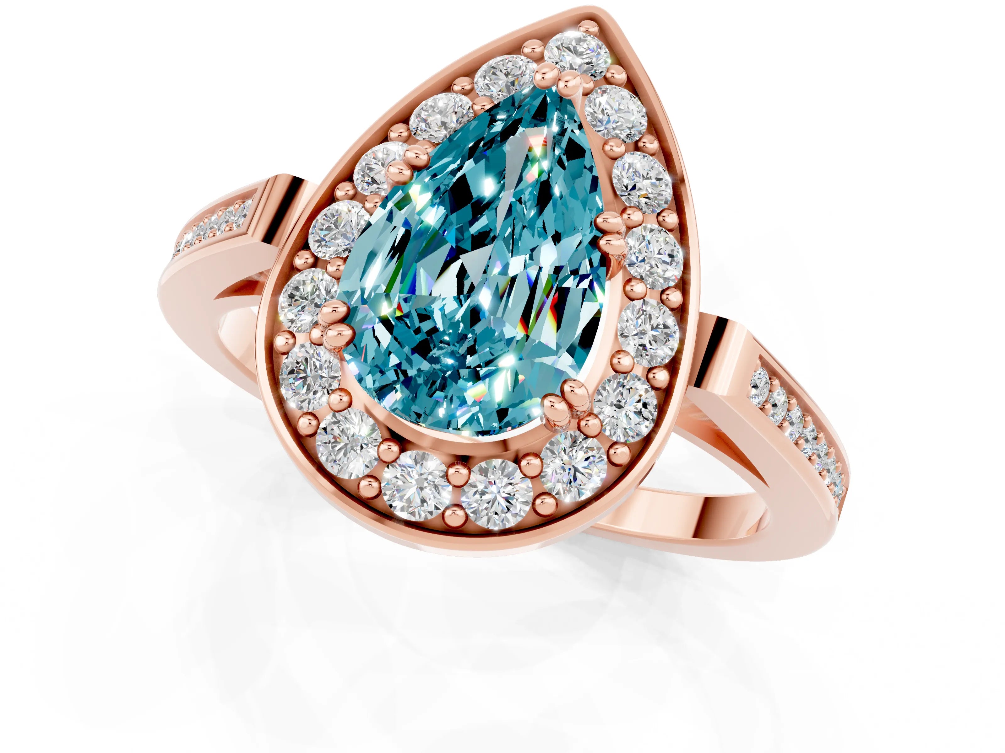 Rose gold Pear Cut Blue Topaz Halo Ring with Split Shank and Four-Prong Setting_1