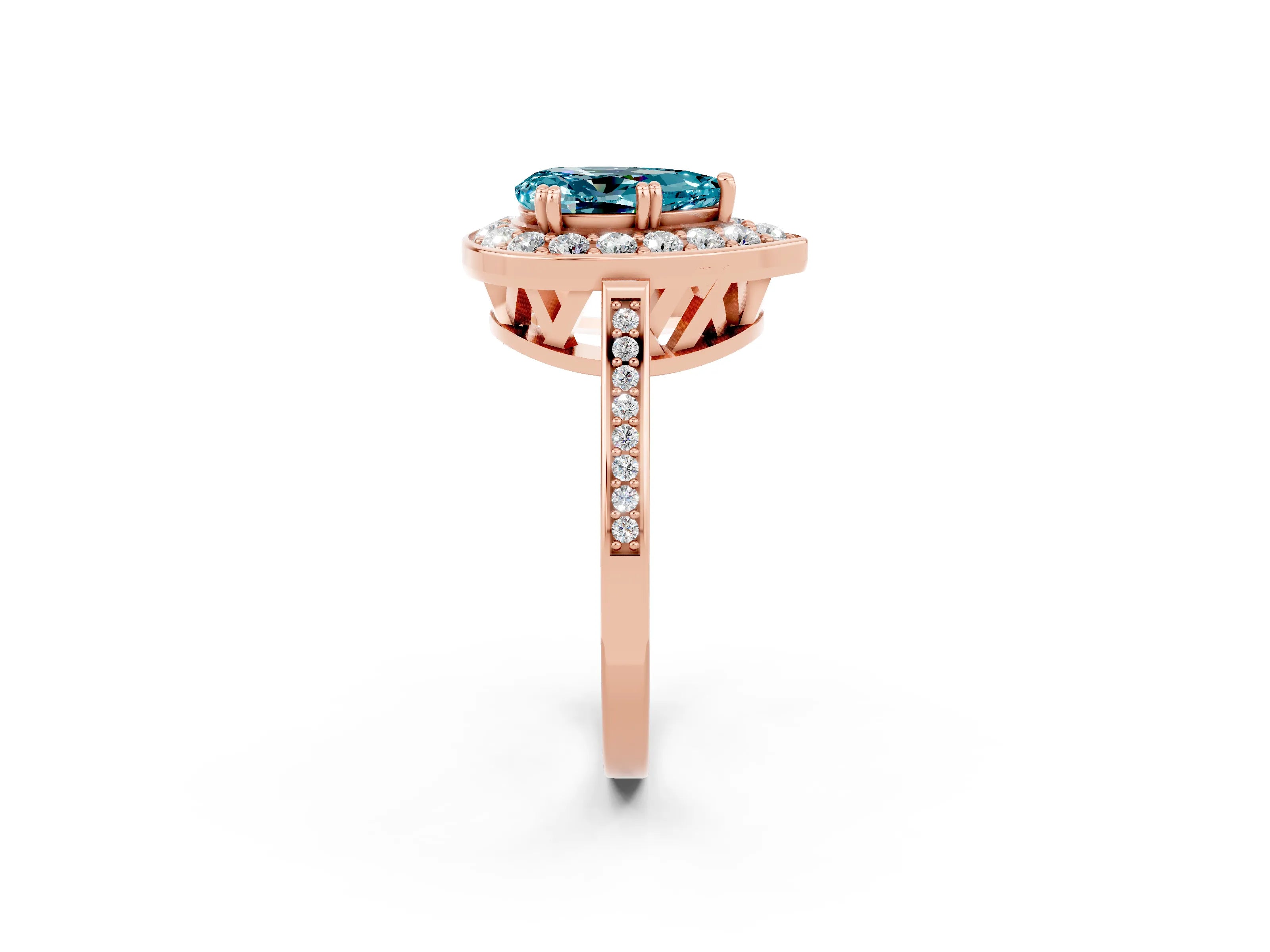 Rose gold Pear Cut Blue Topaz Halo Ring with Split Shank and Four-Prong Setting_2